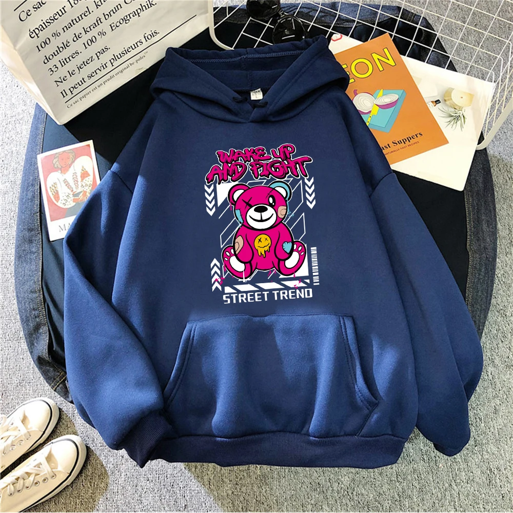 

Wake Up And Fight Cheering Cartoon Bear Print Women Hoody Street Hip Hop Hoodie Casual Fleece Sportswear Soft All-Match Hoodies