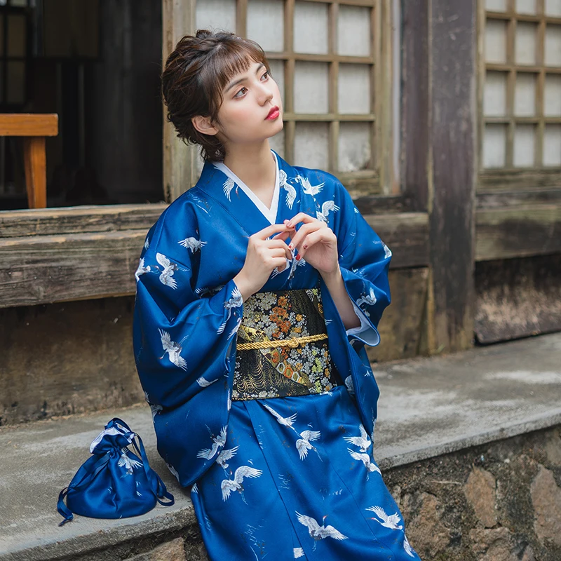 

Women's Yukata Traditional Japan Kimono Robe Photography Dress Cosplay Costume Dark Blue Color Crane Prints Vintage Clothing