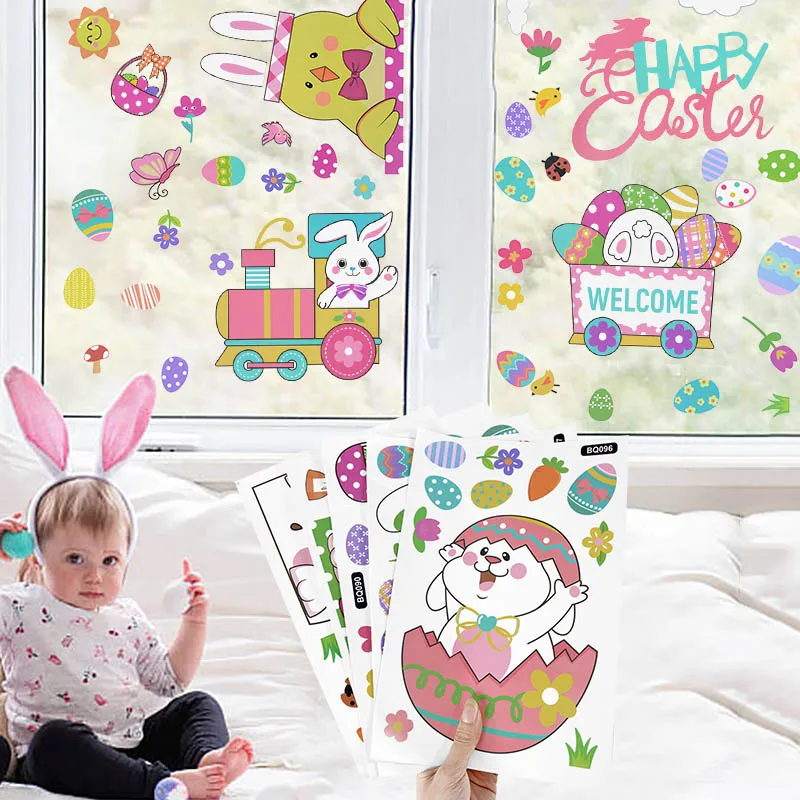 Happy Easter Window Stickers Cartoon Easter Rabbit Egg Electrostatic Wall Stickers 2024 Easter Party DIY Decoration Bunny Decals