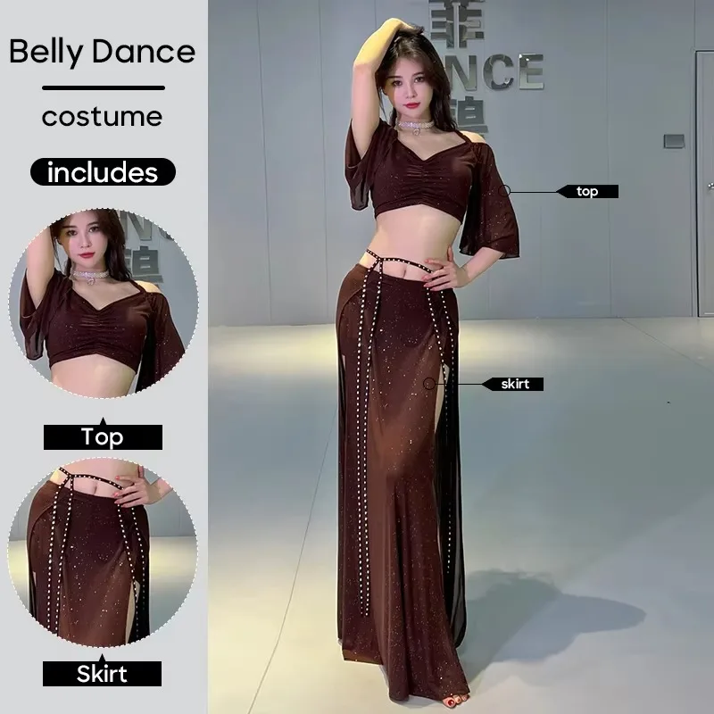 Sexy Women Belly Dance Costumes 2 Pieces Set Top & Skirt Stage Performance Suit for Adult