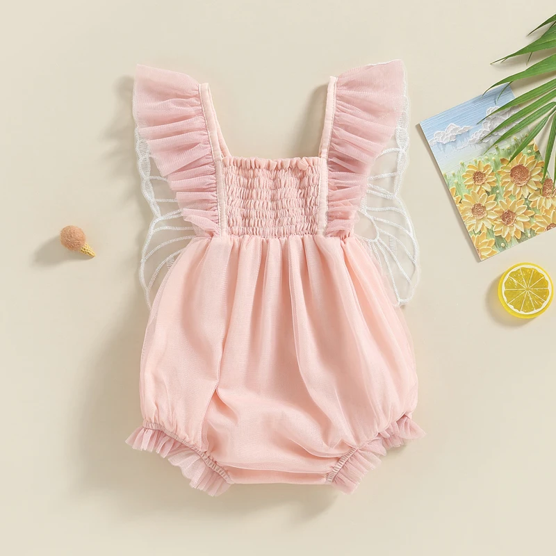 2023-02-09 Lioraitiin 0-24M Newborn Baby Girls Bodysuit Fly Sleeve Embroidery  Pleated Lacing Summer Jumpsuit