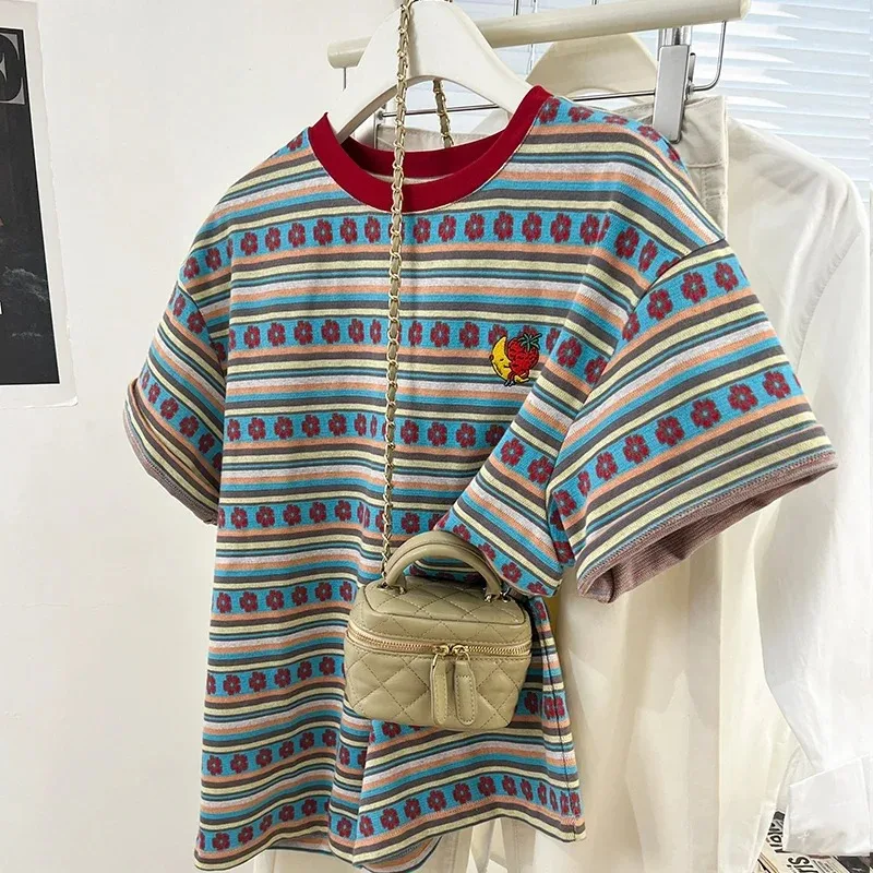 

Women's Retro Striped T-Shirt - Summer Casual Loose Fit Short Sleeve Top, Streetwear Chic