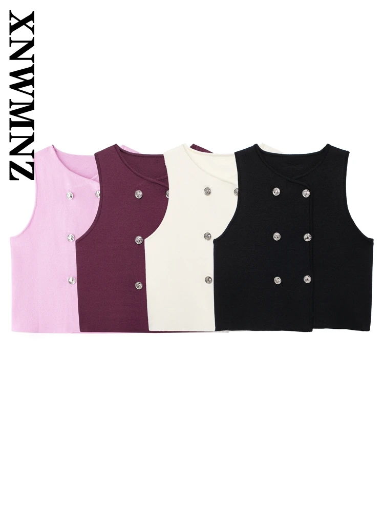 XNWMNZ Woman's 2024 New Autumn Fashion Sleeveless V-Collar Solid Color Coat Top Female Casual Knit Double-breasted Vest Gilet