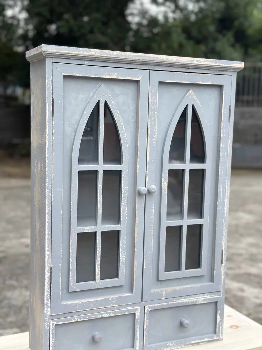Vintage Gothic Arched Wall Cabinet, French Country Rustic Distressed Wood & Glass Wall Mounted Cupboard, 48x15x69cm
