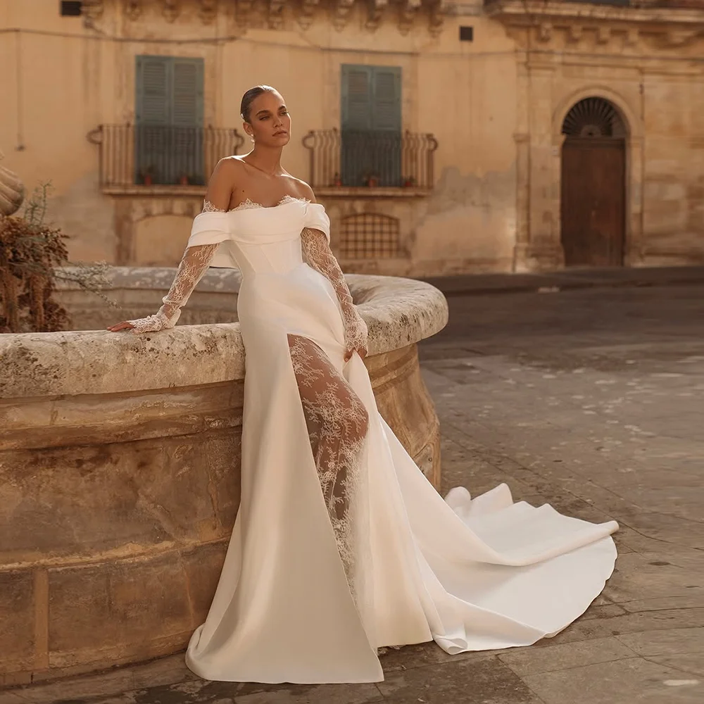 

Boho Off-Shoulder Satin A-line Backless Side Slit Wedding Dress with Lace Wedding Bridal Gown Long Illusion Sleeve Customized