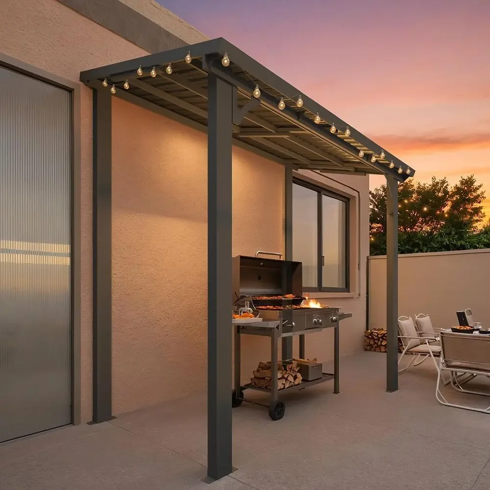 Heavy-Duty 8x5 Outdoor Steel Gazebo with Wall-Mounted Pergola and Clearing Sale