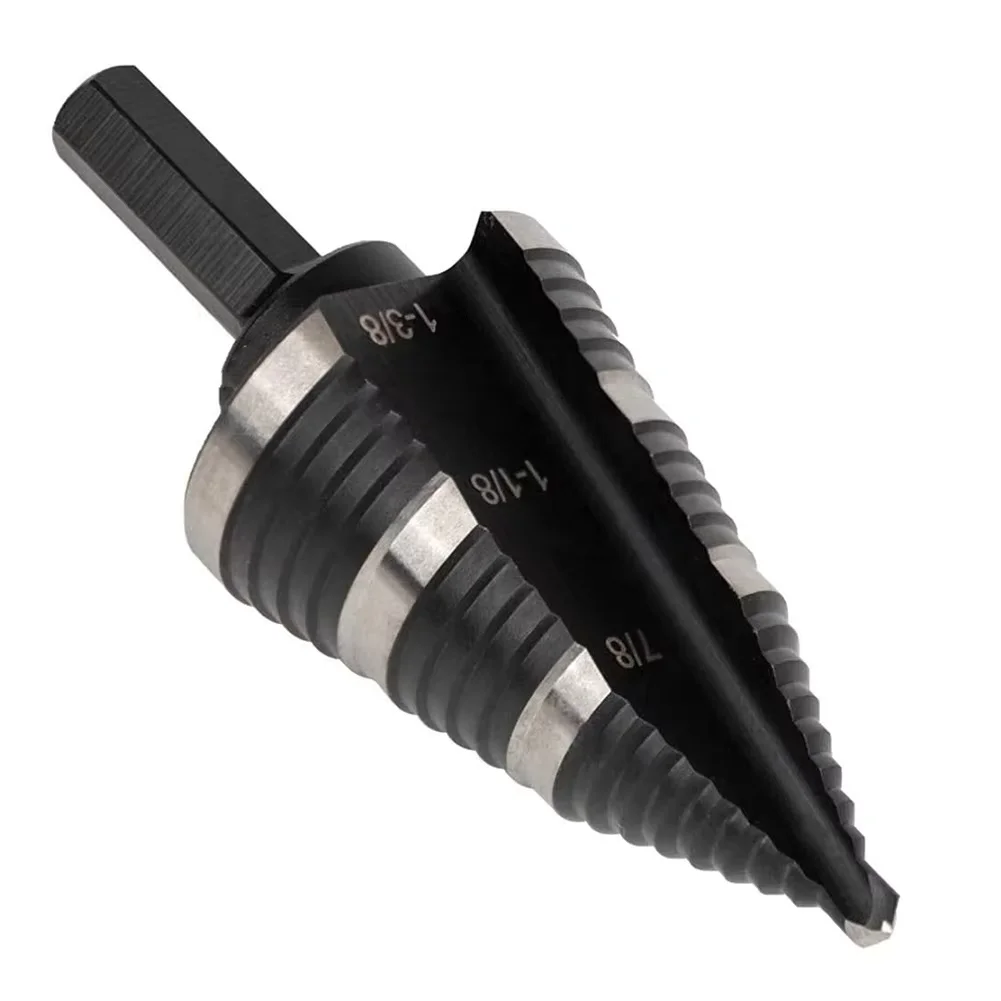 Step Drill Bit Nitrided Straight Groove Milling 7/8'' to 1-3/8 Metal Core Hole Cutter Hex Handle Woodworking Hole Opener Tool