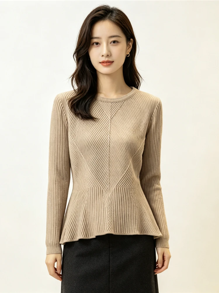 AOSSVIAO 2026 Autumn Winter Slim‑Fit O-Neck Knit Women Pullover Waist‑Cinching Long Sleeve Sweater Layering Base Top