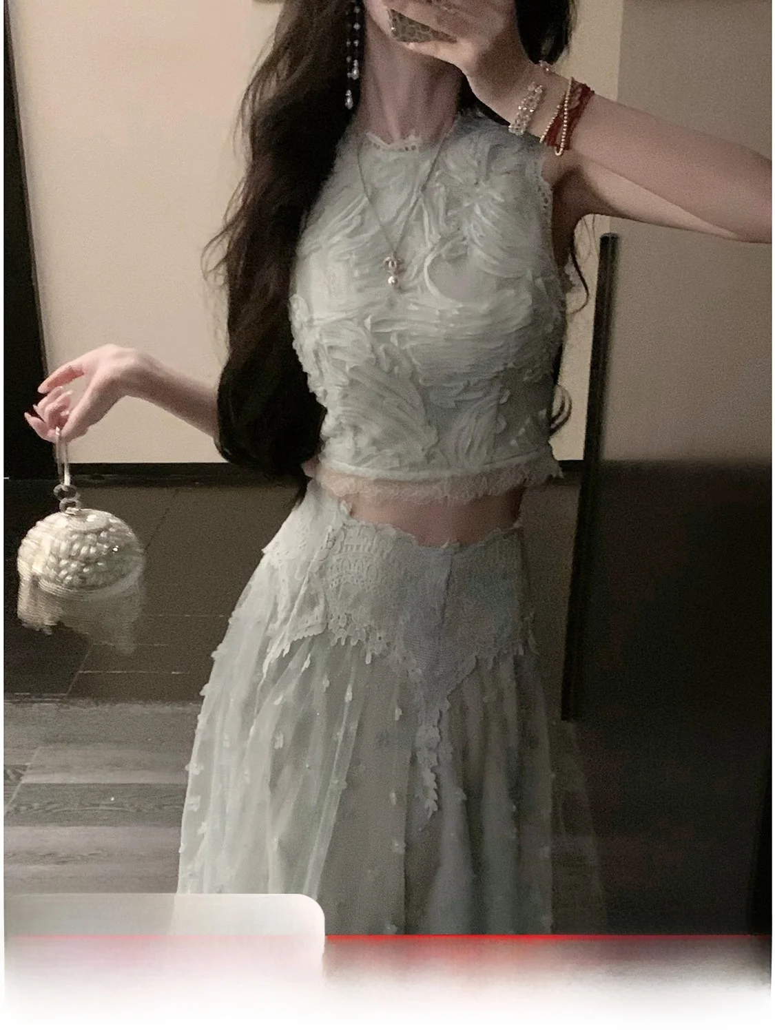 

Syqiao Elegant Lace Two-Piece Set Spicy Girl 3D Embroidery High Waist Skirt Short Sleeve round Neck Spring Fashion Women...