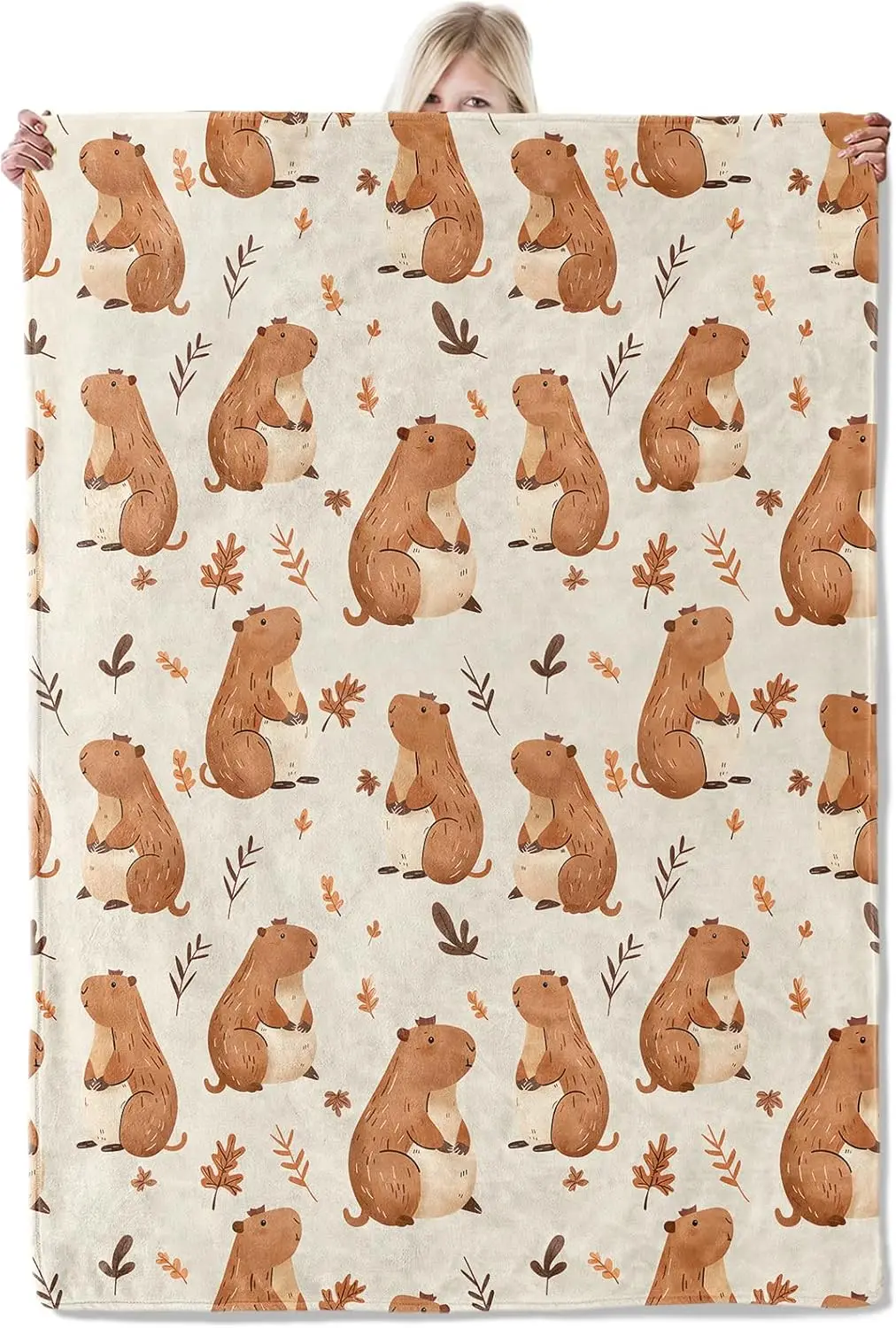

Capybara Flannel Blanket Cute Cartoon Capybaras with Autumn Leaves on Cream Background,Soft Lightweight Throw for Kids