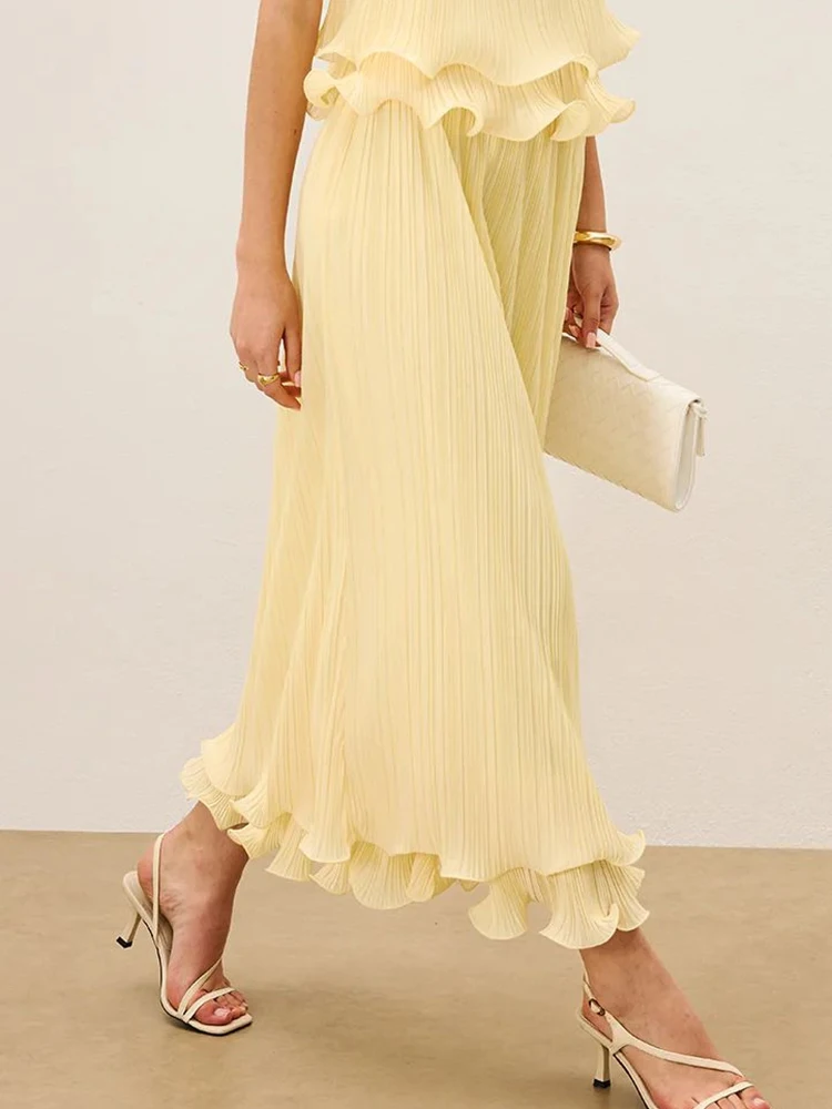

Sexy Off Shoulder Sling Top and Long Skirt Suit Yellow Pleated Slim Fit Party Outfits French Ruffle Design Women Two Piece Set