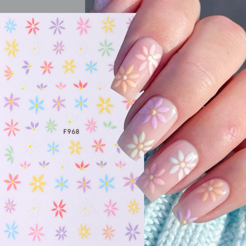 2/10pcs 3D ฤดูใบไม้ผลิดอกไม้เล็บสติกเกอร์ Daisy กลีบดอกไม้ Leaf กาวสติ๊กเกอร์ Simple Blossom เล็บฝรั่งเศส Sliders ตกแต่ง