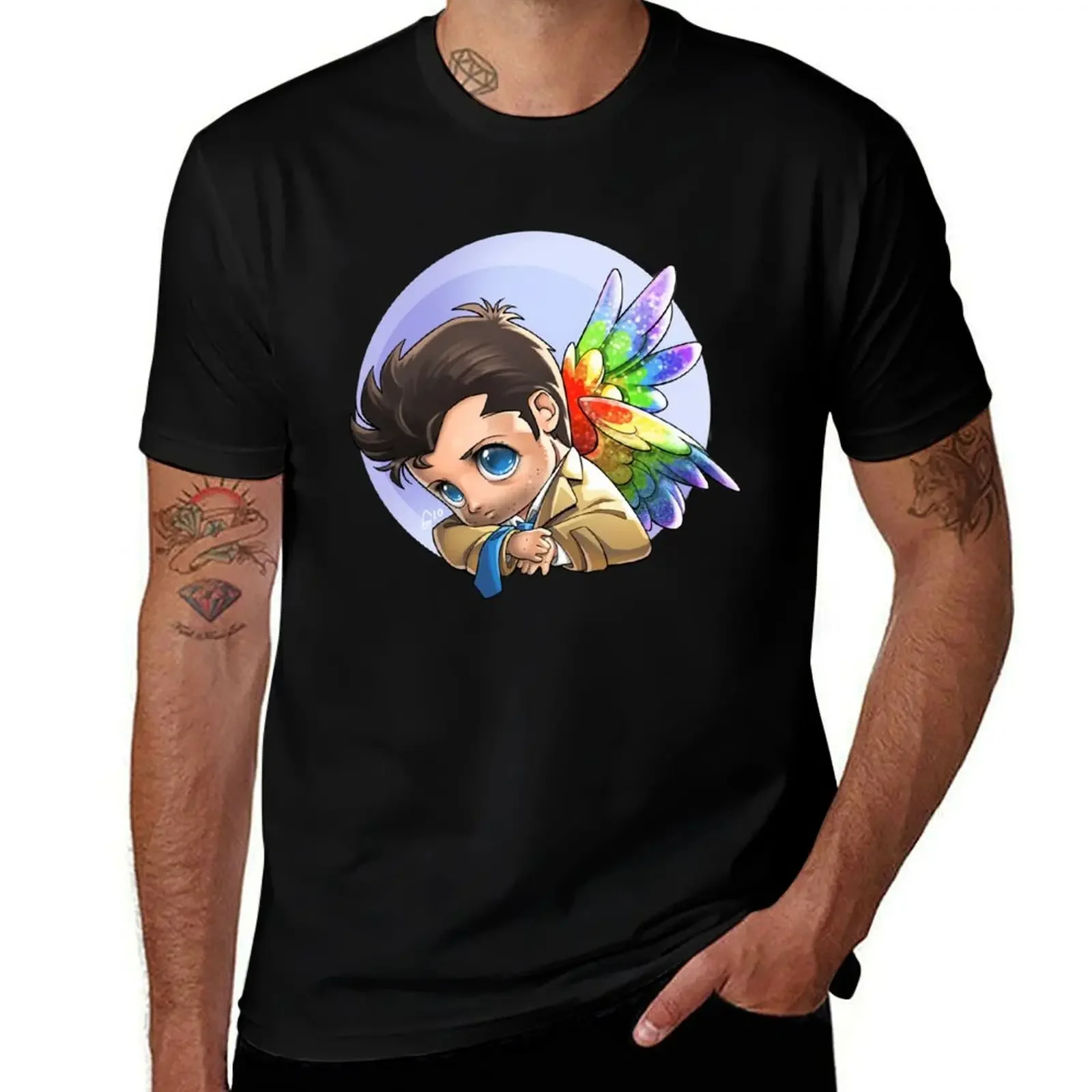 Glitter-Rainbow Wings Castiel T-Shirt customs anime shirt plain funny t shirts for men