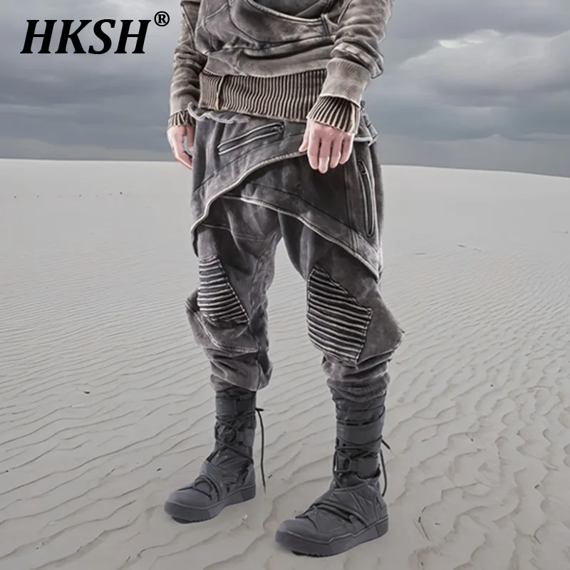 HKSH Spring New Men Tide Punk Waste Land Asymmetric Future Dirty Stained Layered Skirts Spliced Cotton Casual Pants Chic HK4208