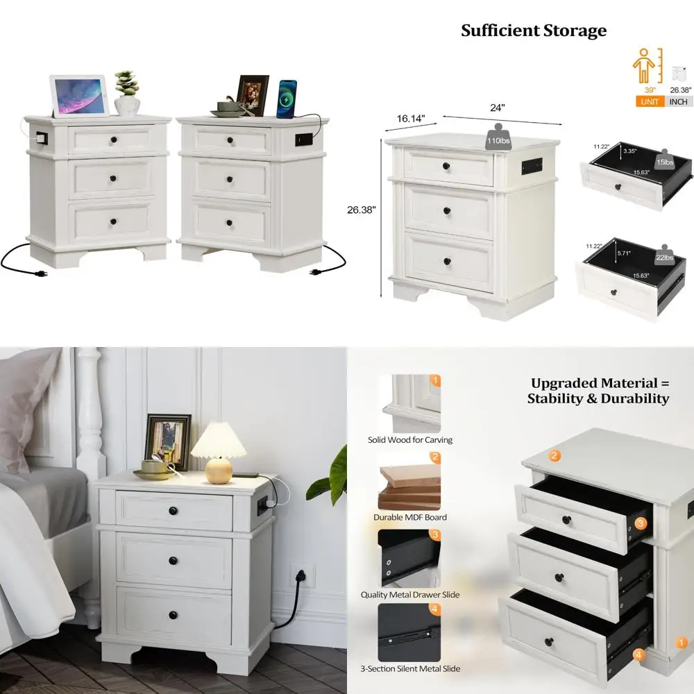 طقم من طاولتين ليلتين، 24 واسعة مع قاعدة شحن و3 أدراج، أدراج مزخرفة، مقاس كبير #1