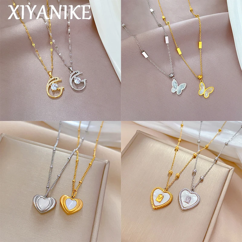 

XIYANIKE 316L Stainless Steel Romantic Couple Heart Butterfly White Stone Necklace For Women Valentines Day Gift Party Jewelry