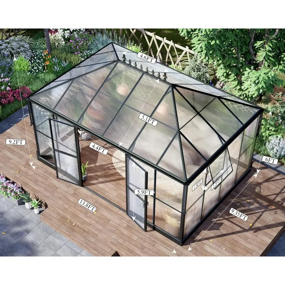 14x9.5x9 FT Greenhouse with 2 Vents, Double Swing Doors 6FT Added Wall Height, Walk-in Large Aluminum Winter Sunroom Greenhouse