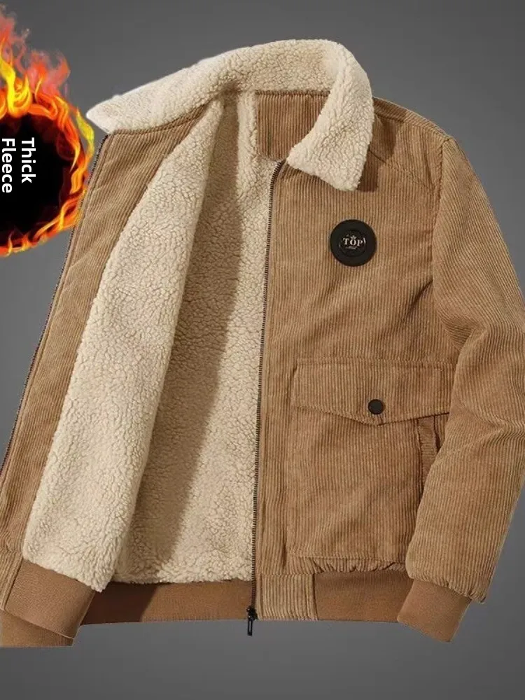 

Men's Thiened Lamb Velvet Jaet Autumn Winter Workwear Corduroy Fce Lined Retro Core Material Long Sve Loose Fit