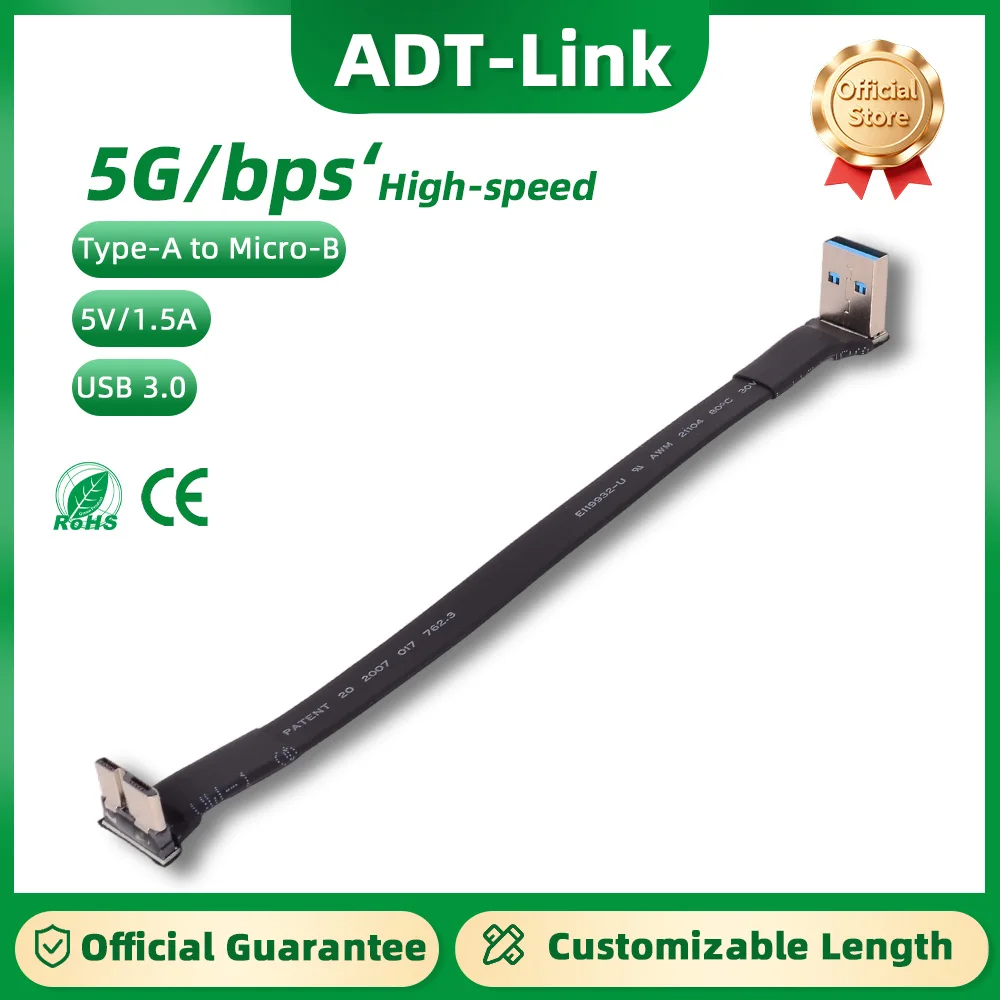 ADT-Link USB 3.0 USB-A to Micro-B Ribbon Flat Cable Male to Male USB3.0 Type A Micro B 90 Degree Connector Up Down Left Right