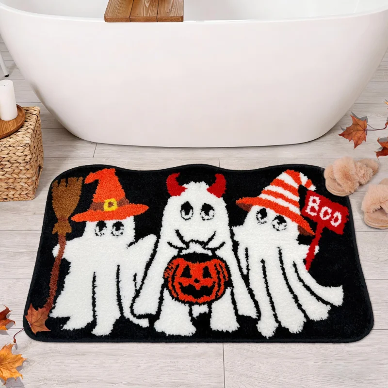 VIKAMA Halloween Three Dressed Ghosts Boo Pumpkin Fluffy Bath Mat Water Absorbent Non Slip Bathroom Shower Floor Rug Home Decor
