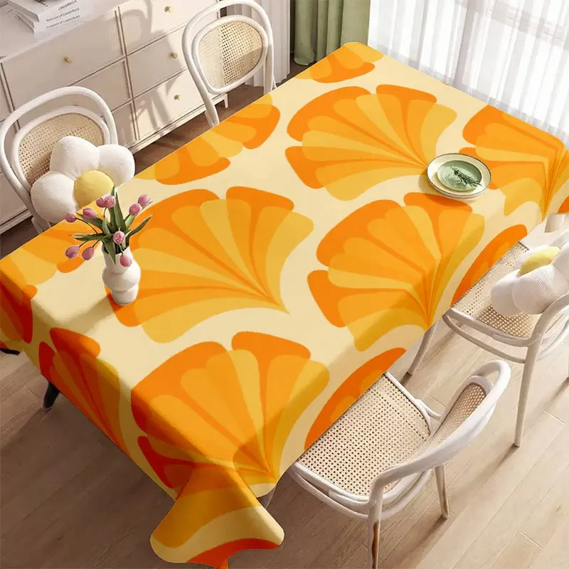 Retro Orange Ginkgo Leaf Tablecloth Abstract Fan Shape Print Table Cover for Dining Room Kitchen Mid Century Home Table Decor