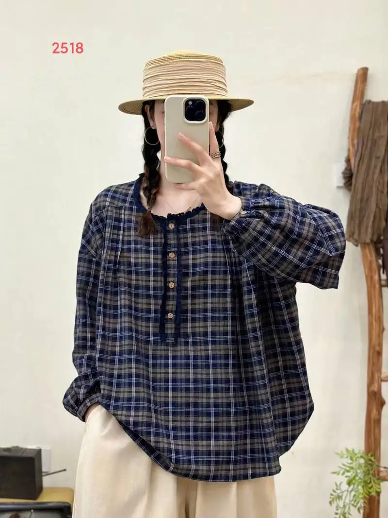 New 2025 Fall Cotton Long Sleeve Shirt, Women O Neck Plaid Ruffles Patchwork, Mori Girl Retro Preppy Style Loose Blouse T5O582CC