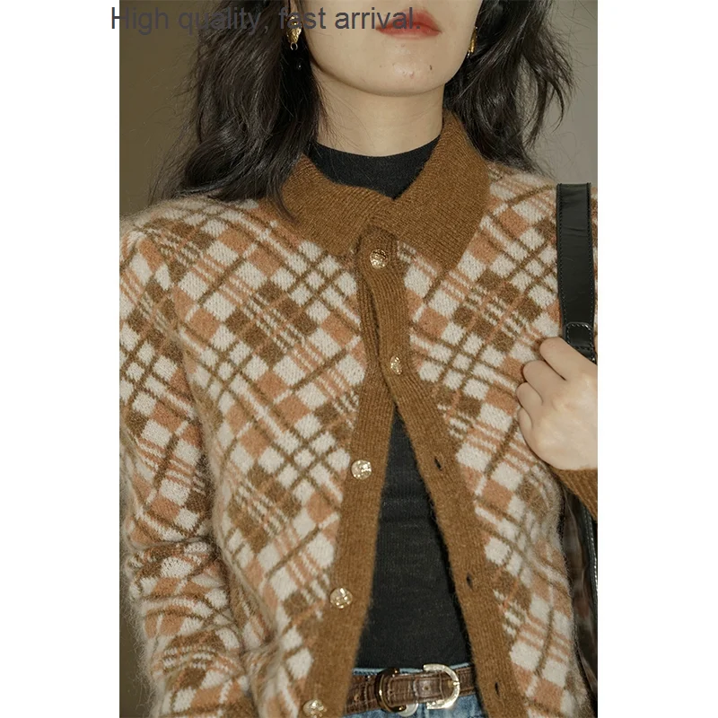 

and Winter Autumn New Brown Polo Collar Knitted Cardigan Sweater Coat Female Plaid Colorblock Retro French Bandage Dress