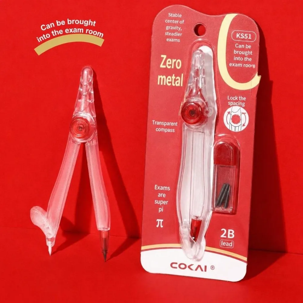 Transparent Plastic Body Metal Compass Replacement Pencil Clip Angle Lock Exam Compass Adjustable Locking Mechanism