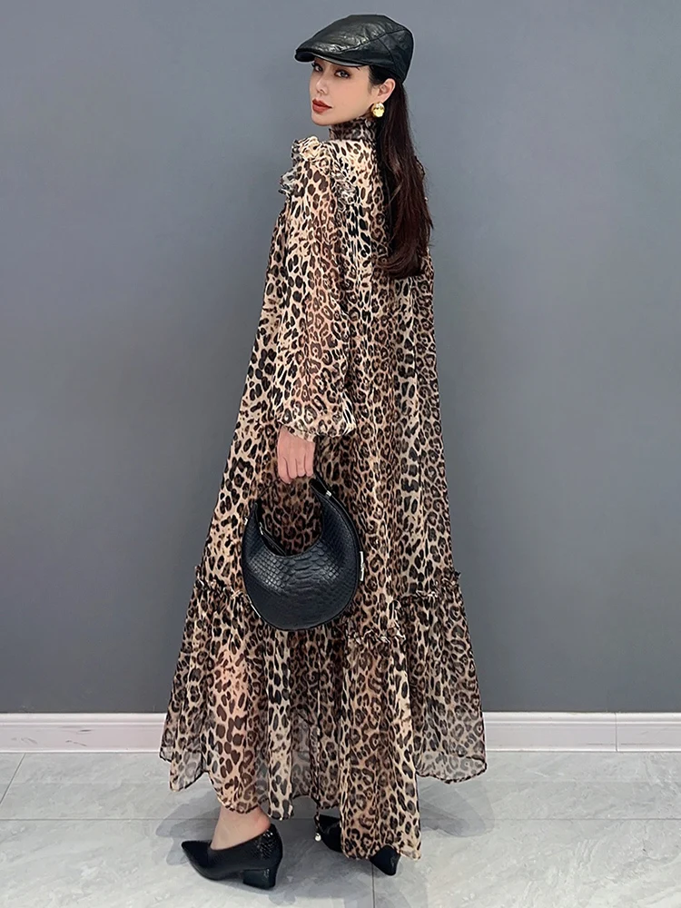 SHENGPALAE 2024 Spring Summer New Dress Chiffon Printed Leopard Pattern Spliced Long Sleeved Ruffle Edge Elegant Dresses 5R9651