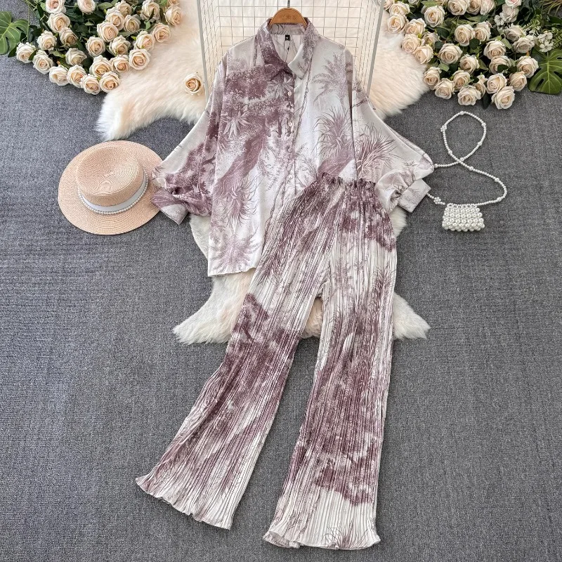 Neploe Fashion Lantern Sleeve Vintage Print Shirts Women+ High Waist Ruched Loose Wide Leg Pants 2024 Summer New Two Piece Sets