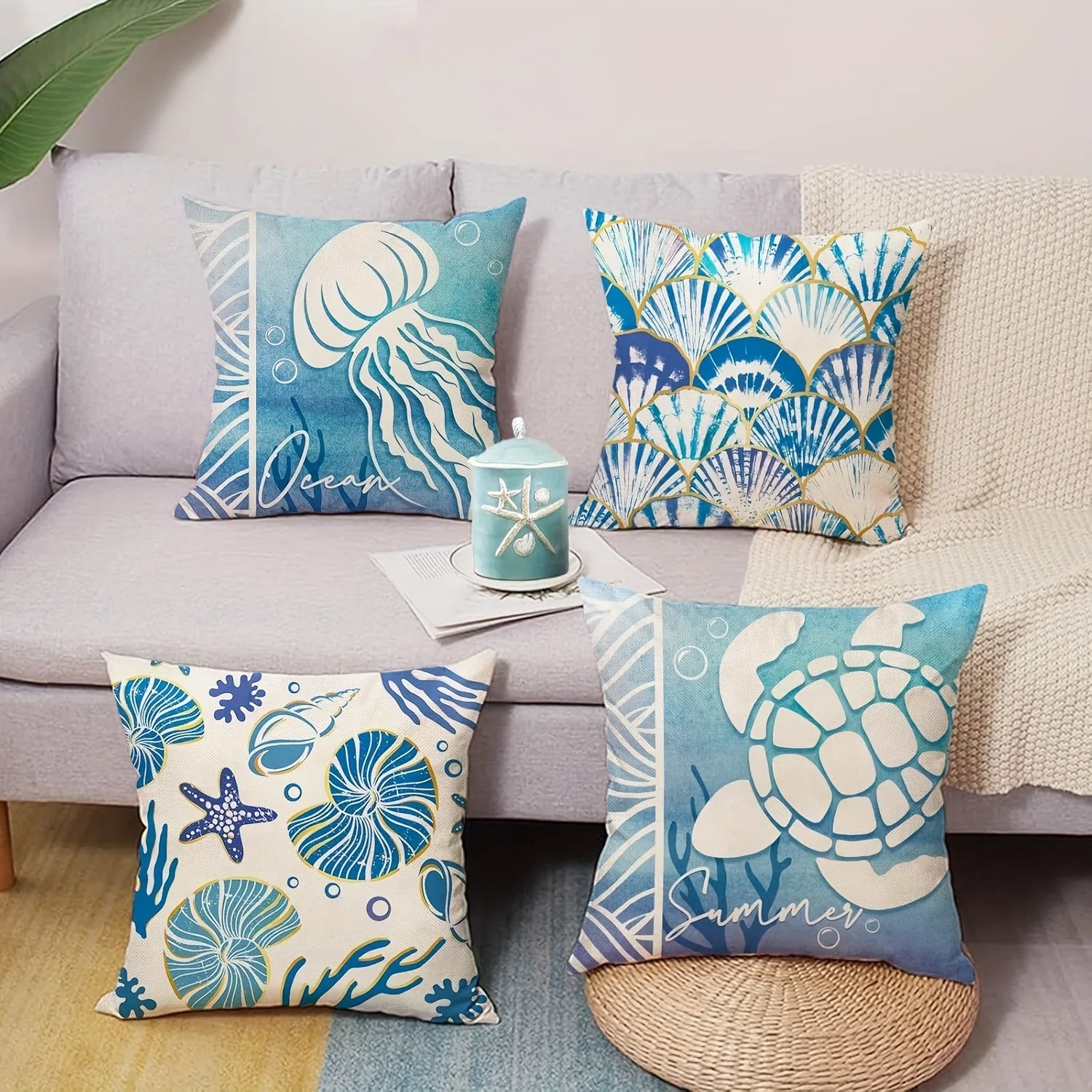 4pc Blue Ocean Pillowcase with Turtle Shell and ScallopsSuitable for sofa car bedroom decorative cushion cover pillow cover