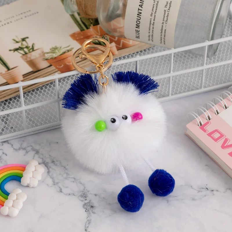 Car Keychain Cute Plush Doll Pompom Big Eyes Doll Pendant with Key Ring Purse Bag Backpack Charm Decor Women Girls Gifts