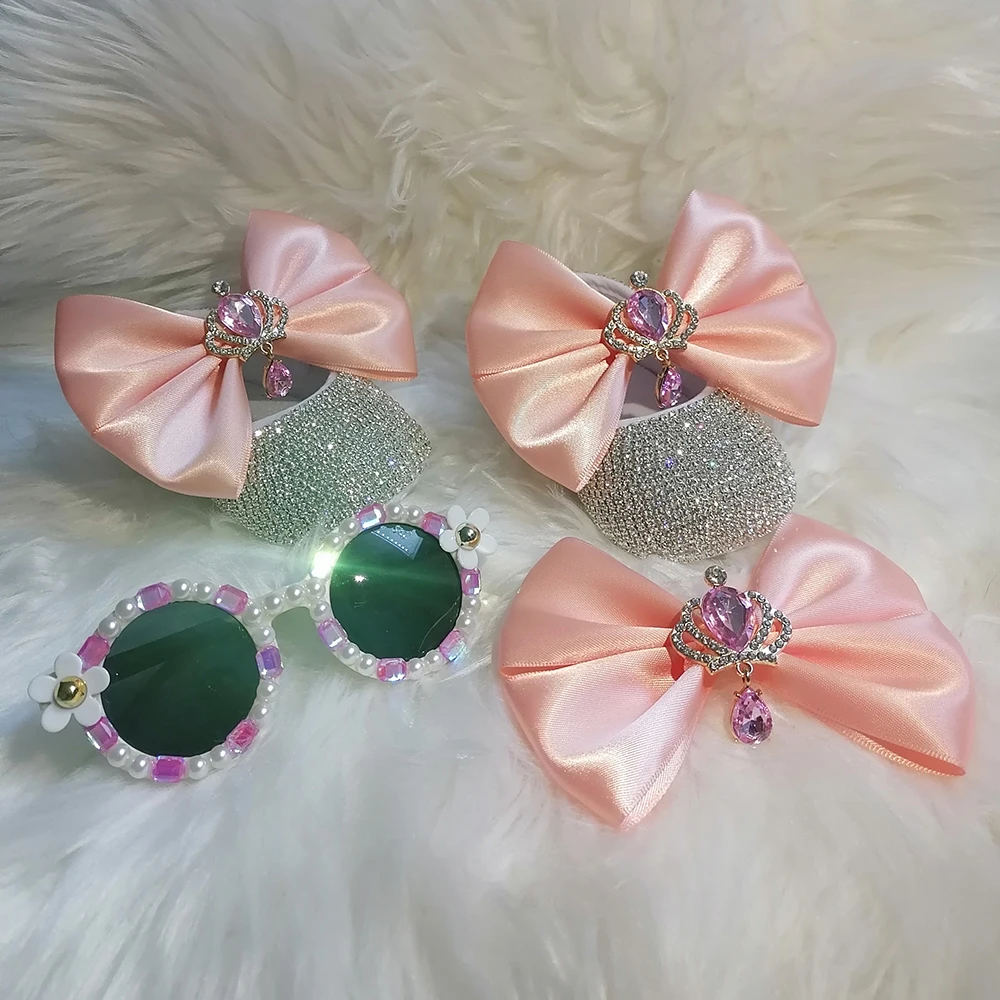 Handmade Bow Luxury Rhinestones Baby Girl Shoes Hairband First Walker Sparkle Bling Crystals Princess Shoes Shower Gift