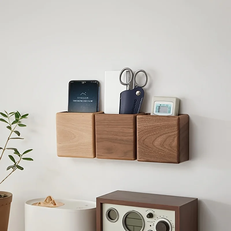 Bamboo Wall-Mounted Storage Organizer - No-Drill, Multi-Use Holder for TV & Air Conditioner Remote Controls with Port