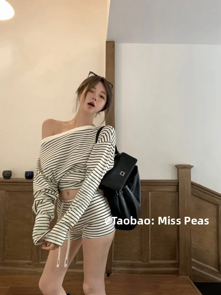 

Женский повседневный комплект одежды в полоску American Sle Long Sve, домашняя одежда в полоску с плечами, весна-лето