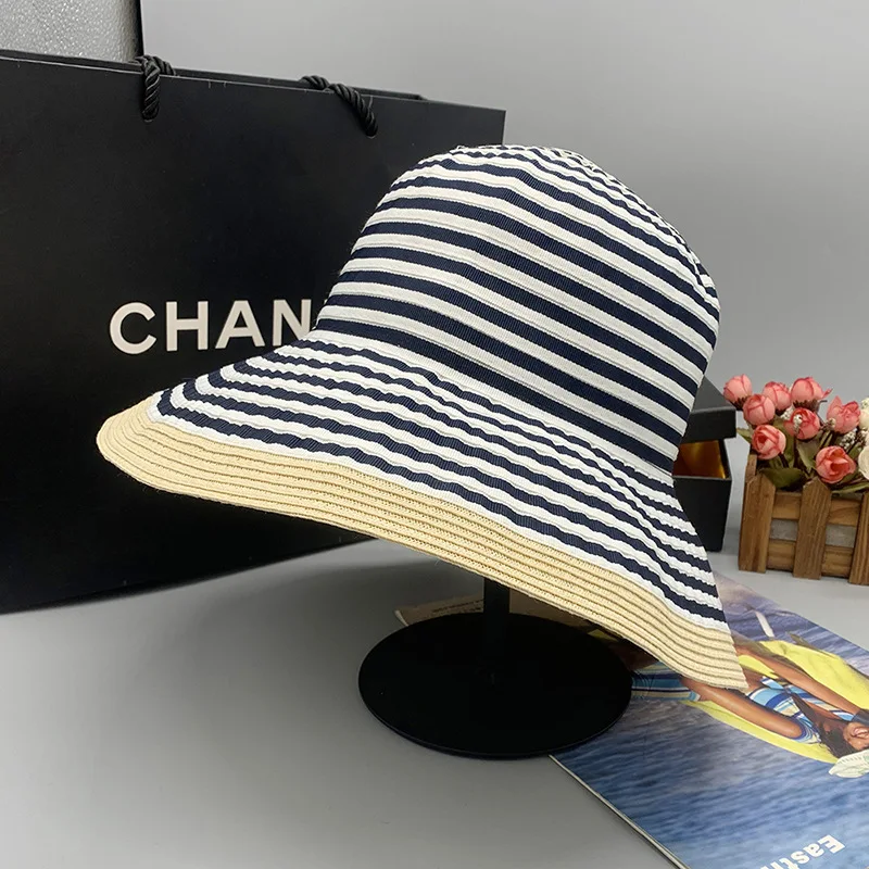 

Casual Folding Basin Cap Big Brim Striped Sun Protection Bow Dome Holiday Vacation Summer Flat Brim Straw Hat