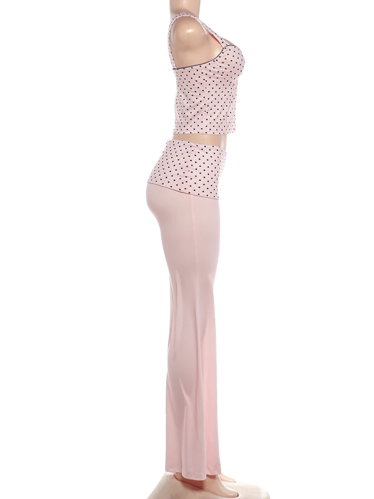 Weird Puss Polka Dot Patchwork 2-teiliges Set für Damen, Schleife, tief ausgeschnittenes, rückenfreies Crop-Top + lange Hose mit Knopfverzierung, eleganter Stil – Detail 4