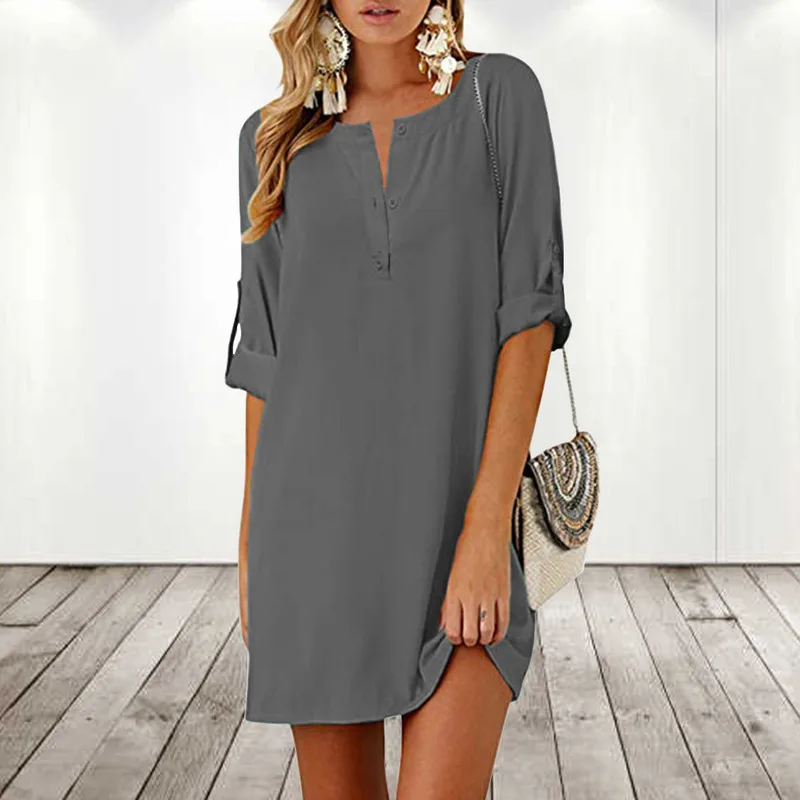 2024 Cotton and linen loose fitting 3/4 sleeves medium length solid color V-neck fashionable and beautiful women summer dress