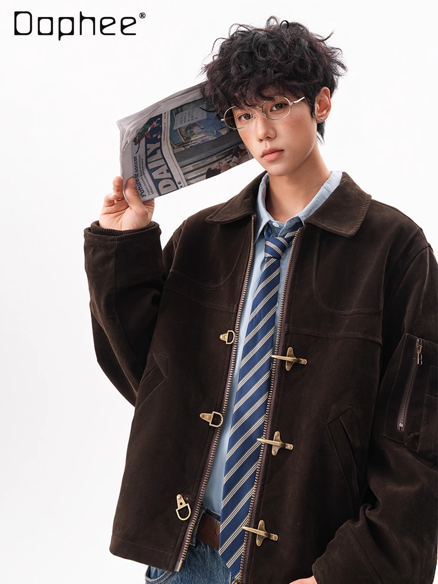 

2025 Spring and Autumn New Men's Retro Airplane Buckle Suede Jacket Loose Casual Design Short Brown Turn-Down Collar Top