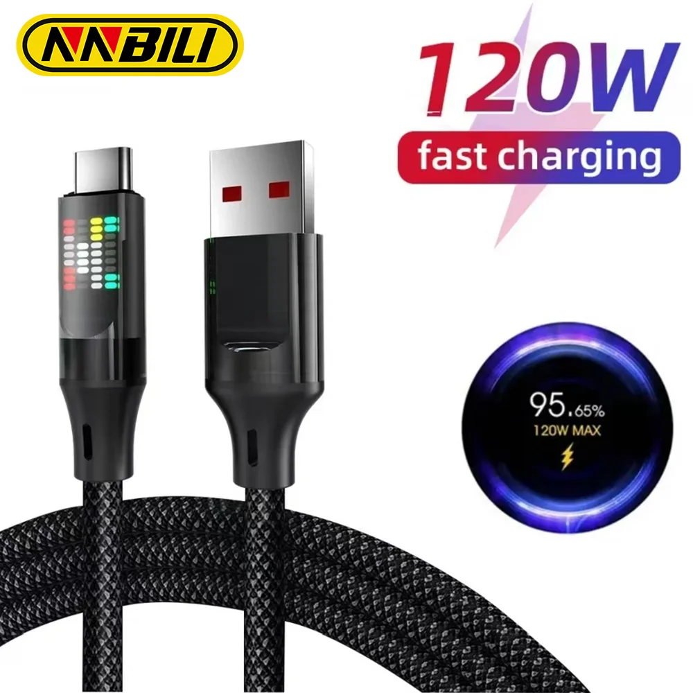 NNBILI 120 W Schnellladekabel 6 A USB A auf Typ C Nylon-Datenkabel für Huawei Xiaomi Samsung LED-Anzeige Typ C auf USB C-Kabel