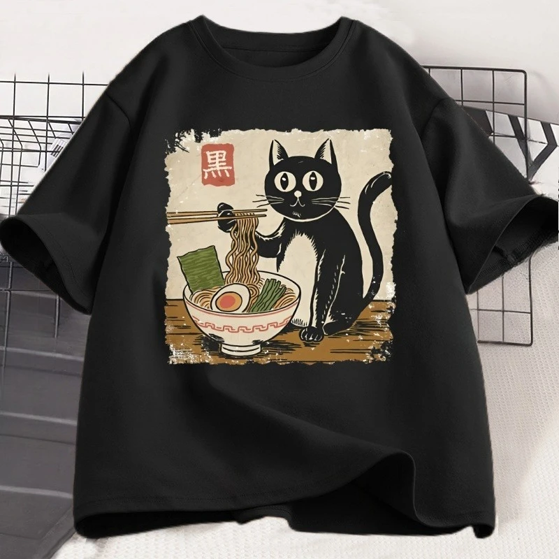 Lustiges Schwarzes Katzen-Ramen T-Shirt für Männer und Frauen Japanische Grafik-T-Shirts Kawaii Katzen-Anime-Print T-Shirt Lässiges Kurzarm-Herrenoberteil
