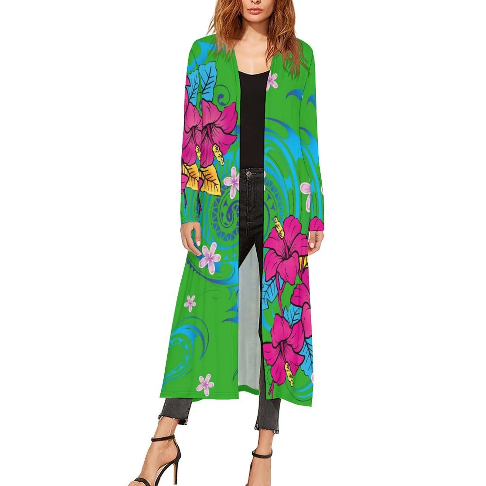 Samoa Hibiscus Flower Hawaiian Tribal Party Coat New Design Fijian Women'S Trench Coat Polynesian Coat Long Sleeve Cardigan