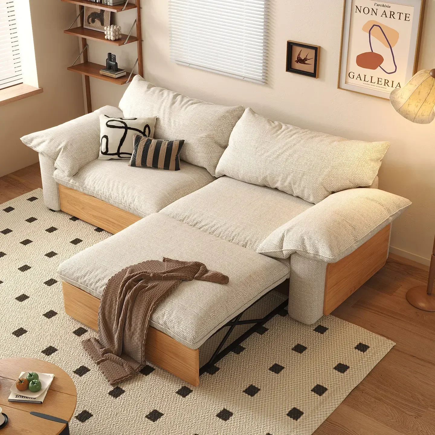 solid wood frame log wind folding living room removable linen sofa bed