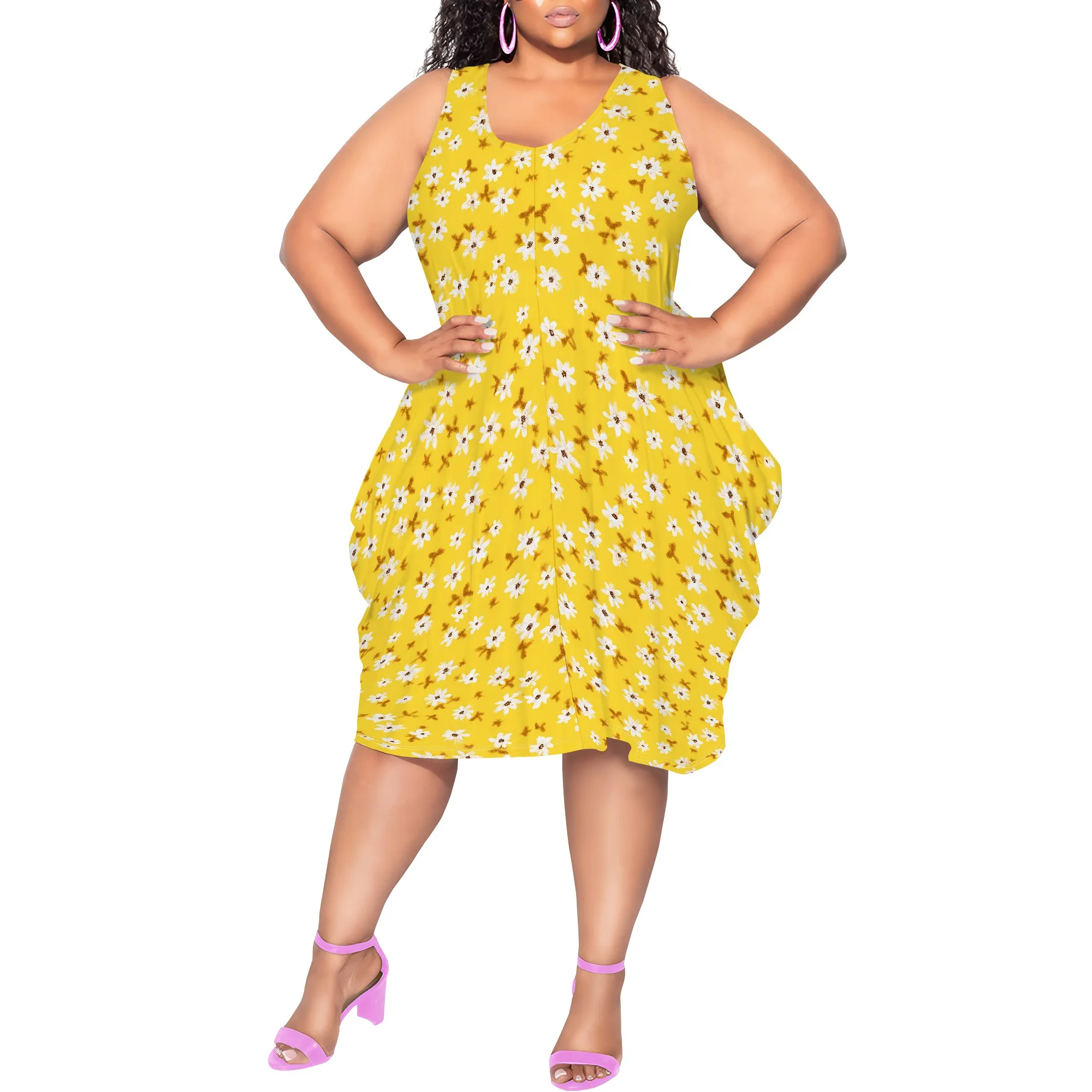 Feminino verão sexy sem mangas solto plus size vestido moda impresso praia vestido de festa casual férias midi vestido