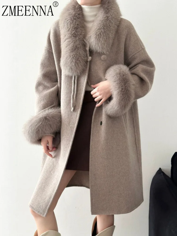 

ZMEENNA Womens Winter Warm Wool Blend Coat Detachable Faux Fur Collar Cuffs Single Button Elegant Jacket Outerwear ZM4721