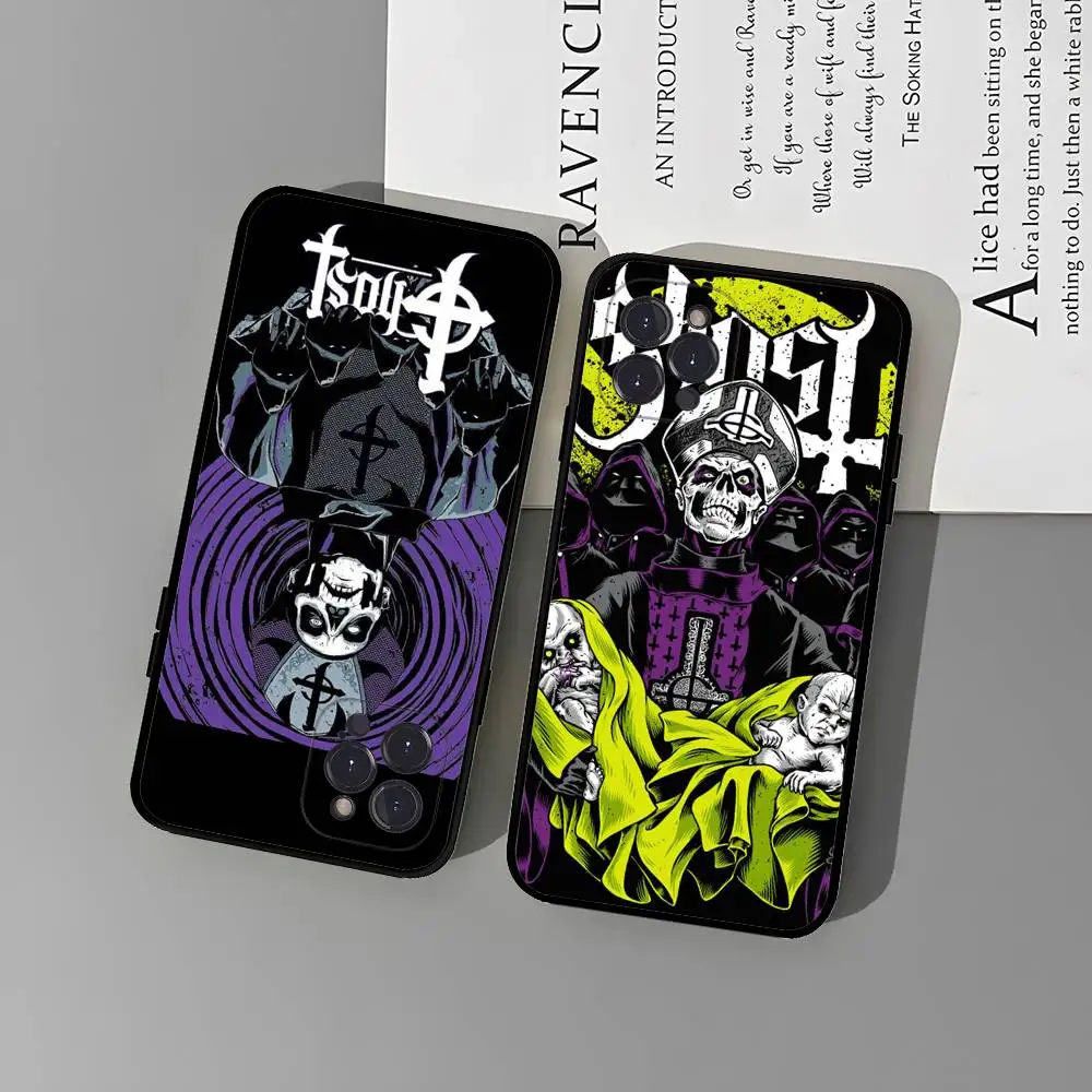 Clássico banda de metal g-ghost caso de telefone para iphone 16 15 14 13 12 11 17 pro max simplicidade volta tpu caso macio