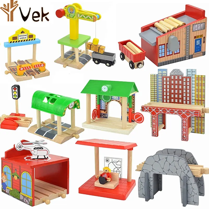 Wooden Crane Tower Railway Track Accessories Tunnel Cross Bridge Lumberyard Train Cross Road Wood Brick Fit Biro For Childern