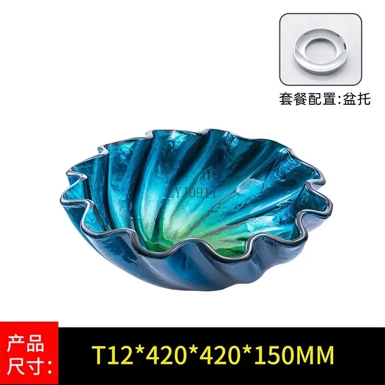 Bathroom Sink Creative Pleated Design Blue Glass Washbasin Countertop Art Basin with Waterfall Faucet