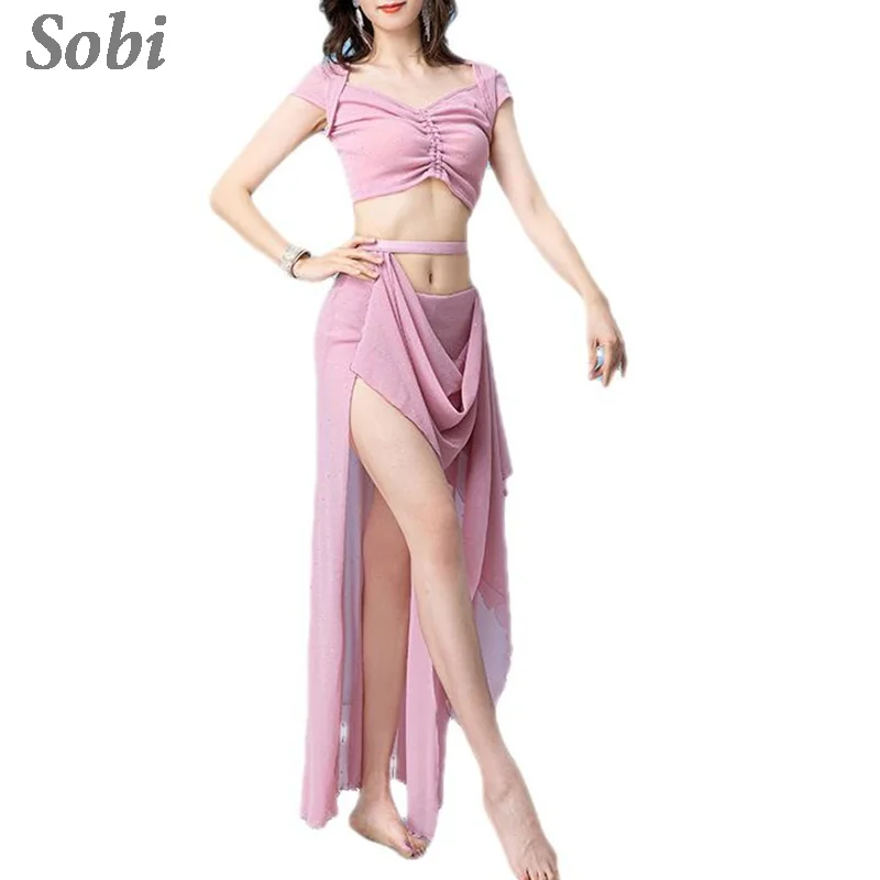 Ropa de práctica de danza del vientre para mujer, Top de manga corta y falda dividida, traje de práctica para principiantes, ropa de Baile Oriental