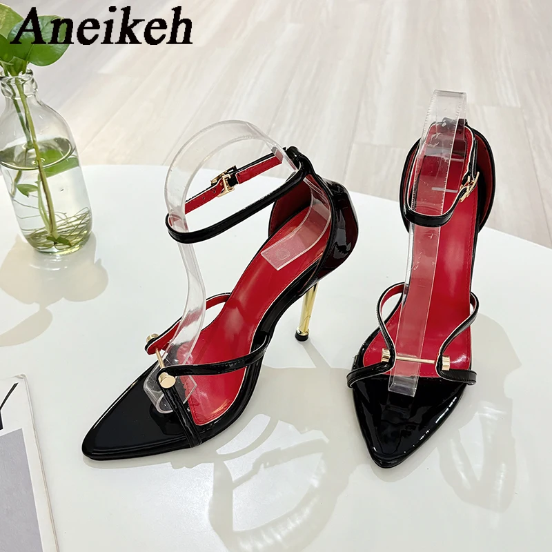 Aneikeh Fashion Leopard Print Buckle High-heeled Women's Designer Sandals Wedding Banquets Punk Metal Pointed Stripping Shoes